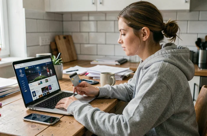 Une femme achetant des billets pour la finale de la Ligue des champions en ligne sur son ordinateur portable