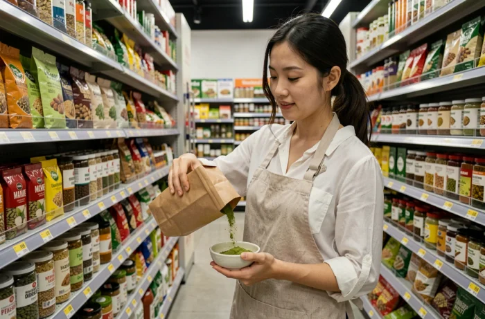 Femme asiatique mesurant de la poudre de pandan dans une épicerie asiatique spécialisée avec des rayons d'ingrédients en arrière-plan