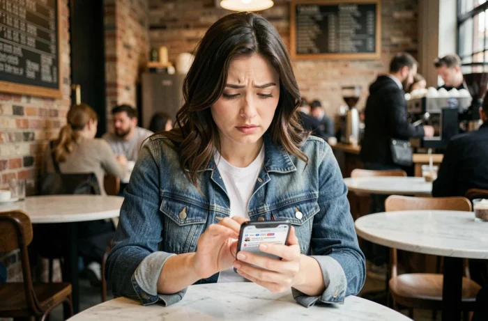 Femme recherchant l'adresse actuelle de 1jour1film sur smartphone dans un café