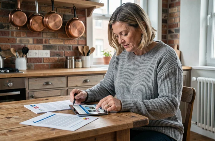 Femme consultant les documents d'aides financières pour l'installation d'une chaudière à Bruxelles dans sa cuisine