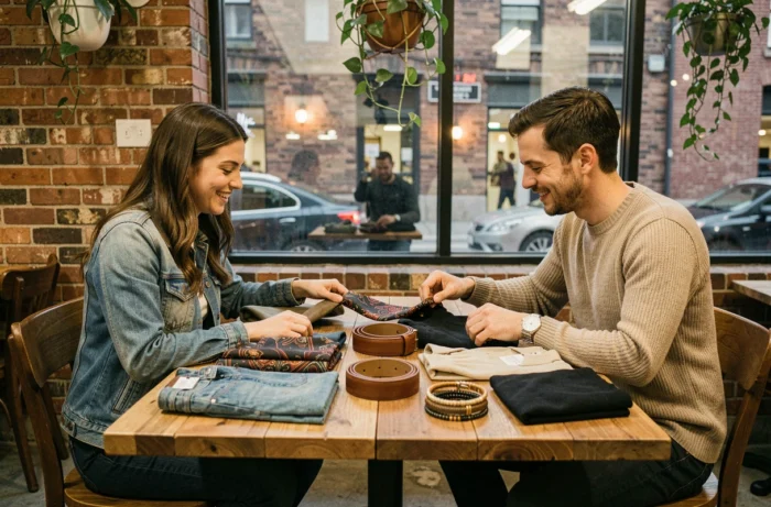 Deux amis attablés dans un café discutent accessoires et vêtements tendance, conseils de style et astuces mode pour toutes saisons