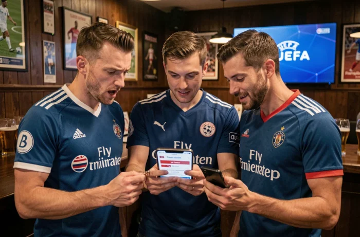 Un groupe d'amis supporters cherchant des billets pour la finale de la Ligue des champions dans un bar sportif