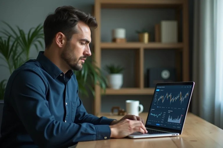 Homme analysant la fiabilité d'une plateforme financière en ligne sur un ordinateur portable en 2026