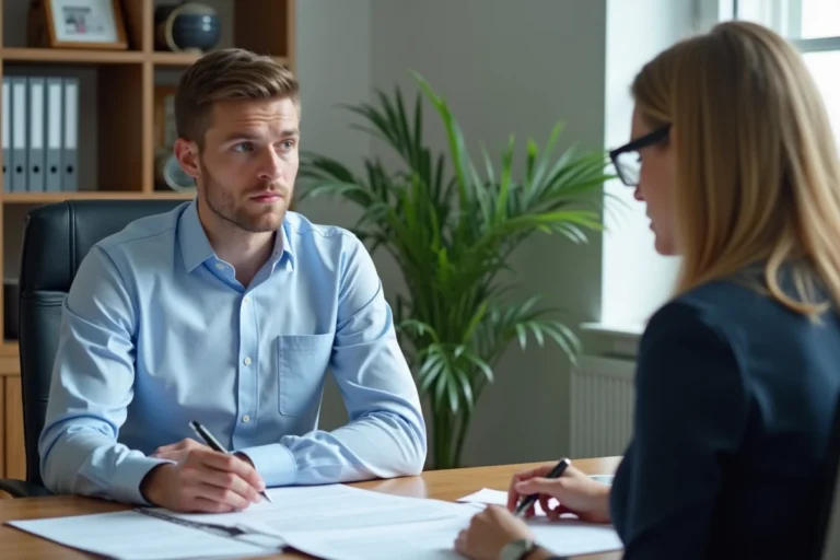 Jeune apprenti et responsable RH examinant un contrat d'apprentissage dans un bureau professionnel