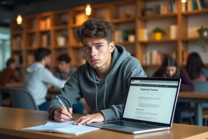 Jeune apprenti prenant des notes sur la rupture de période d'essai dans un espace de travail moderne