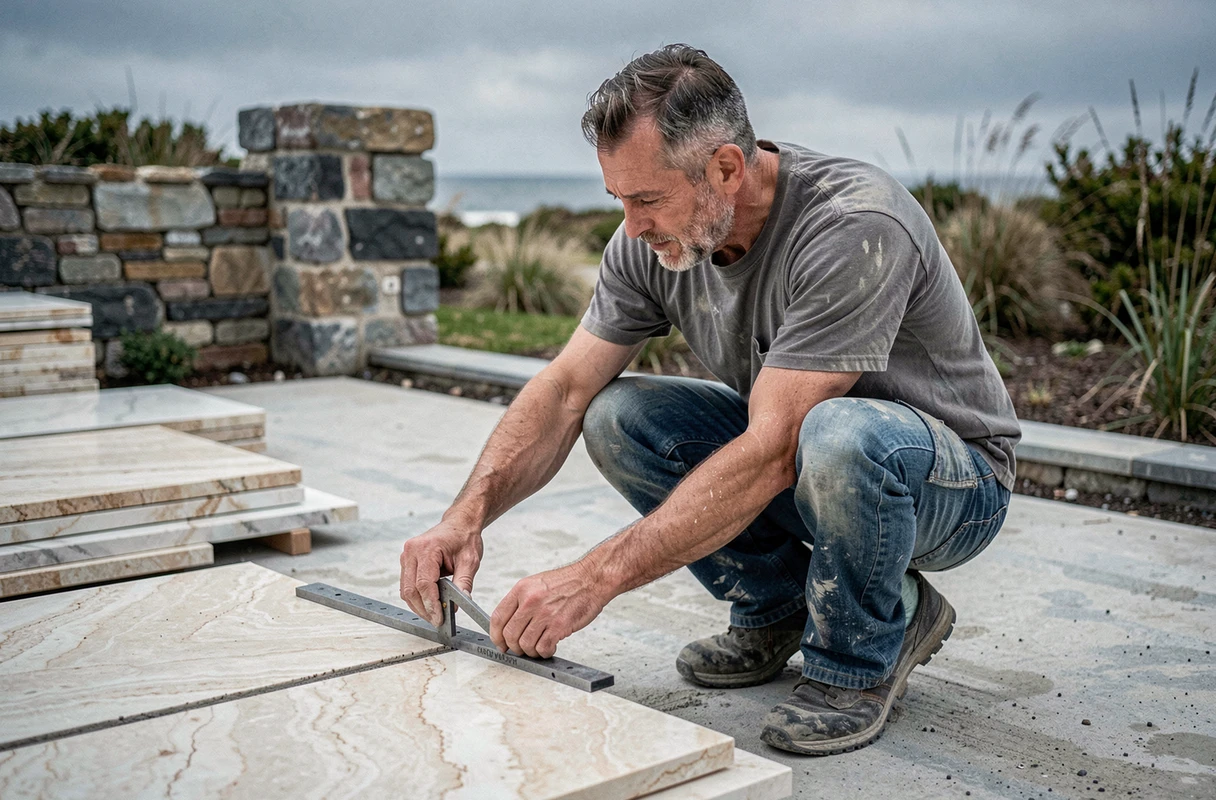 Artisan posant du marbre galala sur une terrasse extérieure près du Golfe du Morbihan à Vannes