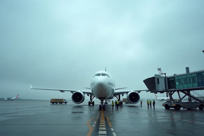 Avion Airbus sur le tarmac d'un aéroport international avec équipes au sol, symbolisant l'industrie aéronautique et les performances financières du groupe