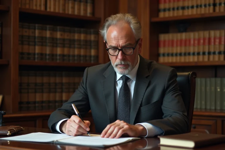 Avocat examinant des documents juridiques relatifs à un héritage dans un bureau classique