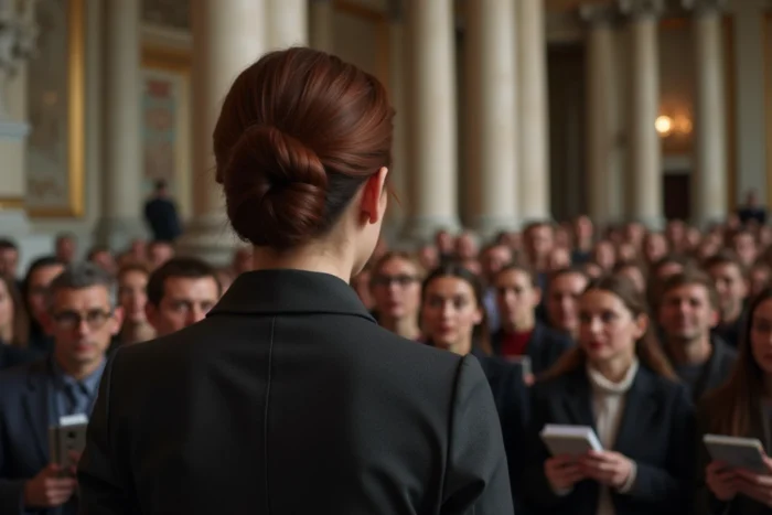 Femme publique entourée d'admirateurs lors d'un événement culturel dans une salle européenne prestigieuse, illustrant la fascination du public pour Béatrice Grimm