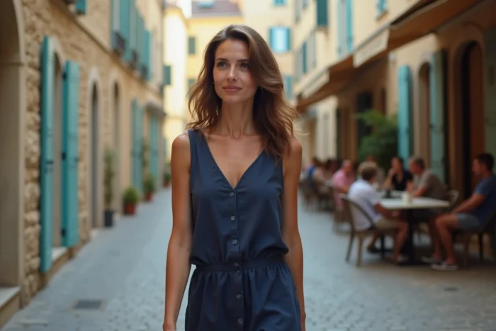 Femme marchant sur une rue pavée d'une ville provinciale française dans une attitude naturelle et décontractée, évoquant la vie quotidienne de Béatrice Grimm