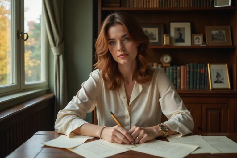 Femme élégante assise à un bureau vintage entourée de lettres personnelles et de souvenirs, évoquant la vie privée de Béatrice Grimm