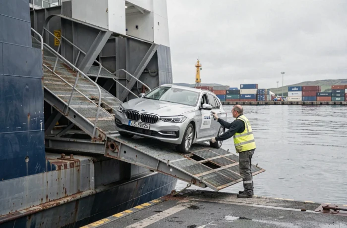 Une voiture immatriculée en Norvège chargée sur un ferry de transport au départ d'un port norvégien industriel