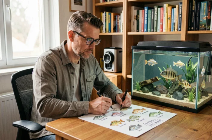 Aquariophile annotant un tableau de classification des familles de poissons tropicaux à son bureau