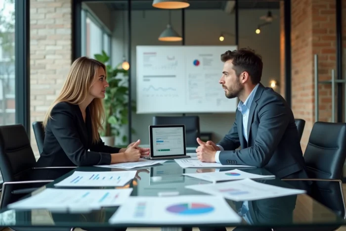 Deux co-fondateurs d'une entreprise fintech en réunion autour de rapports financiers et d'un tableau de bord de gestion de portefeuille