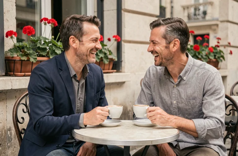 Deux hommes complices attablés en terrasse d'un café parisien, illustrant une relation intime et chaleureuse