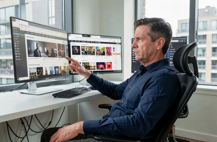 Homme comparant plusieurs adresses de sites de streaming dont 1jour1film sur un écran d'ordinateur de bureau
