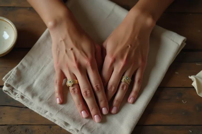 Comparaison d'un doigt portant une bague gravée et d'un doigt avec une marque après retrait de la bague