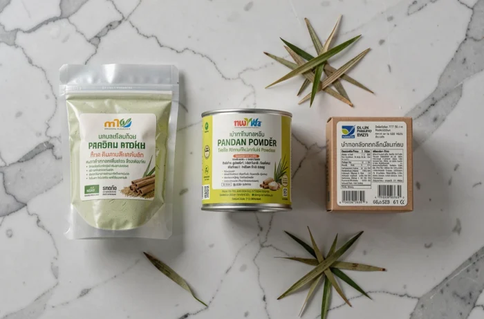 Comparaison de différents emballages de poudre de pandan posés sur un plan de travail en marbre avec des feuilles de pandan séchées