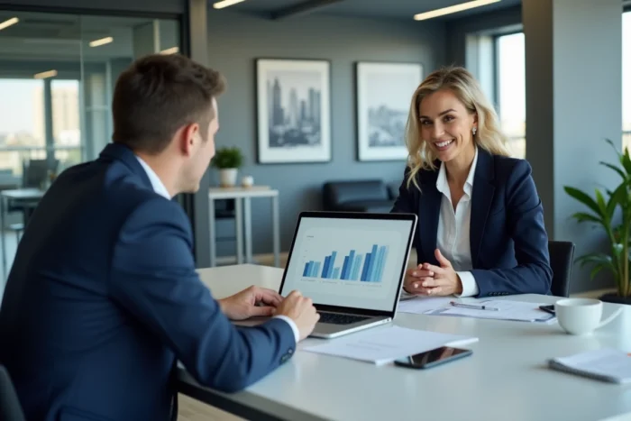 Conseillère immobilière expliquant une simulation de prêt immobilier à un client dans une agence moderne