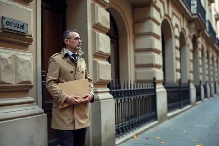 Homme tenant une enveloppe de documents devant le consulat belge