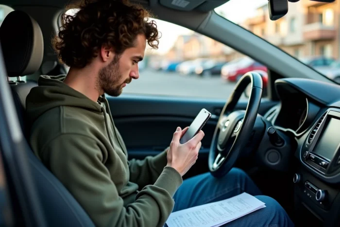 Homme consultant le site ANTS sur smartphone pour obtenir un duplicata de carte grise