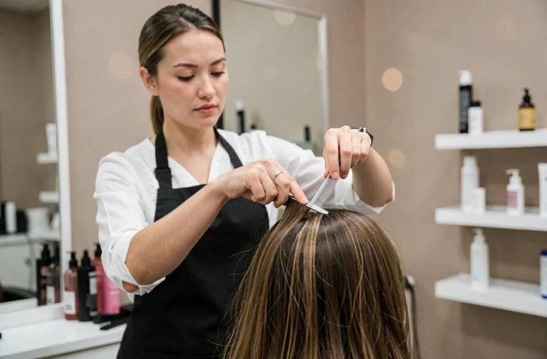 Coiffeuse professionnelle effectuant une coupe couronne sur une cliente dans un salon moderne, illustrant les gestes techniques à maîtriser