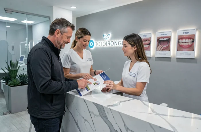 Couple étudiant les options de soins dentaires à l'étranger à l'accueil d'une clinique internationale