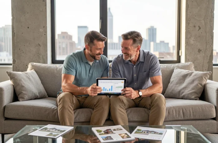 Couple consultant des conseils d'experts immobiliers en ligne sur une tablette dans leur salon