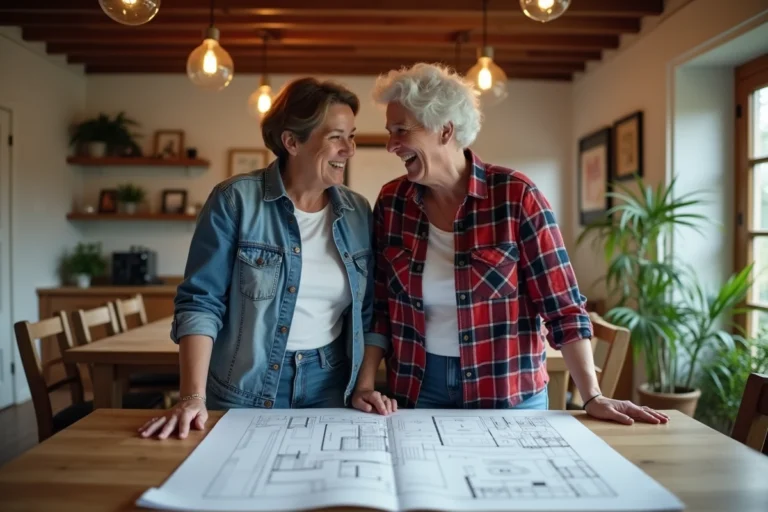 Couple emblématique de la décoration intérieure examinant des plans d'architecture dans un salon de style ferme américaine avec murs en shiplap et mobilier en bois recyclé