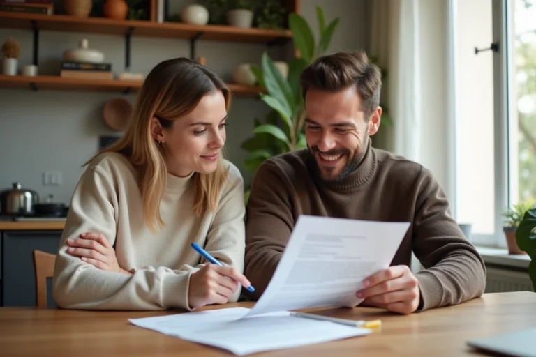 Couple examinant des documents de crédit immobilier à leur table de cuisine dans un appartement moderne