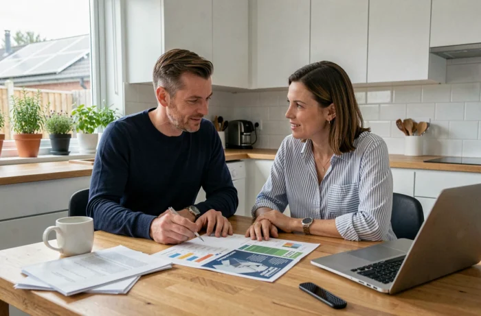 Couple étudiant des documents sur l'installation de panneaux solaires dans une cuisine moderne