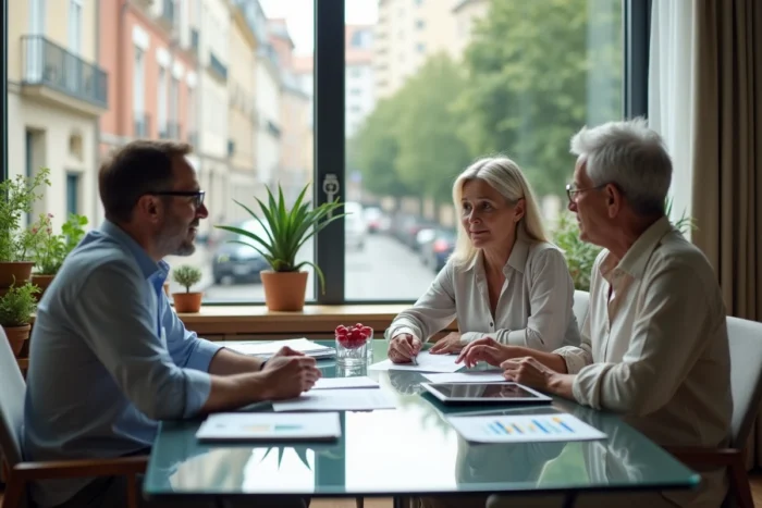 Couple d'expatriés en consultation avec un conseiller financier pour préparer leur retraite à l'étranger