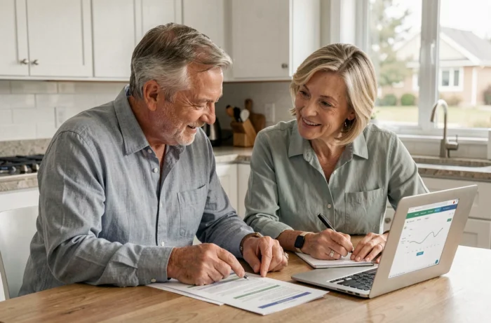 Couple mature planifiant leur retraite ensemble autour d'une table de cuisine avec des documents financiers et un ordinateur portable