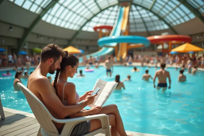 Couple consultant une application mobile pour planifier sa visite à un parc aquatique intérieur très fréquenté
