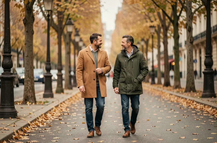 Deux hommes se promenant ensemble sur un boulevard parisien en automne, illustrant une relation complice et publique