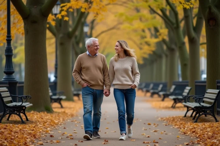 Couple se promenant main dans la main dans un parc automnal, loin des regards du public