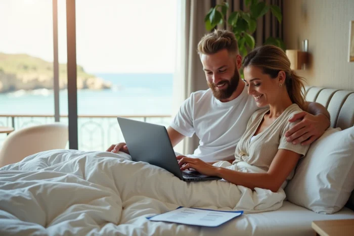 Un couple recherche des hôtels acceptant les chèques vacances sur un ordinateur portable dans leur chambre d'hôtel