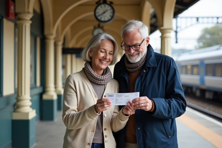 Couple de retraités tenant un billet SNCF gratuit sur le quai d'une gare française, bénéficiant du pass Carmillon