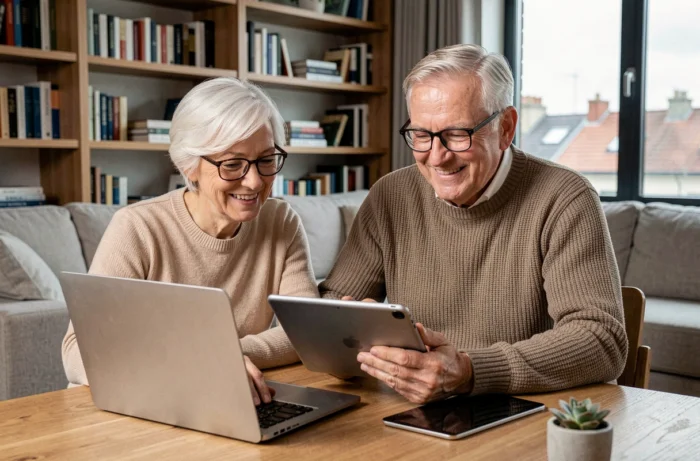 Couple de retraités utilisant un ordinateur et une tablette ensemble pour gérer leur quotidien à domicile