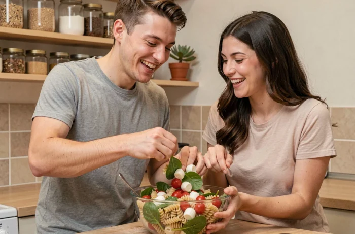 Couple préparant ensemble une salade de pâtes complètes aux légumes frais dans une cuisine d'appartement