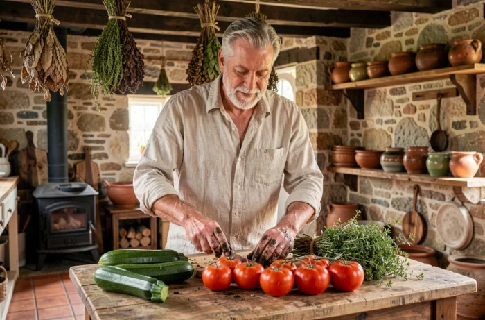 Agriculteur arrangeant des légumes frais dans une cuisine de ferme rustique aux murs en pierre