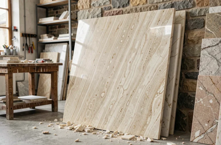 Dalle de marbre galala avec veinures crème et beige dans un atelier de pierre artisanal près de Vannes
