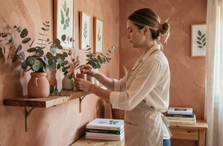 Femme décorant une étagère murale en bois avec des branches d'eucalyptus séchées et des vases en céramique dans un intérieur scandinave chaleureux