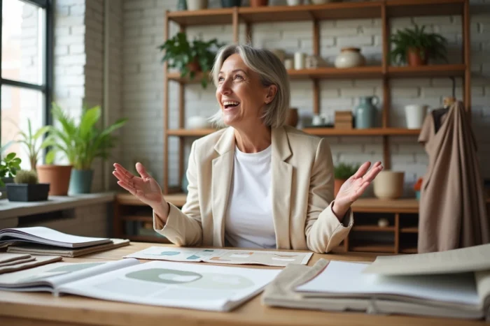 Décoratrice d'intérieur professionnelle dans son studio de design entourée de planches d'inspiration, d'échantillons de tissus et de céramiques artisanales