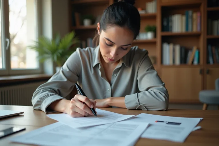 Femme remplissant une demande de duplicata de carte grise à son bureau à domicile