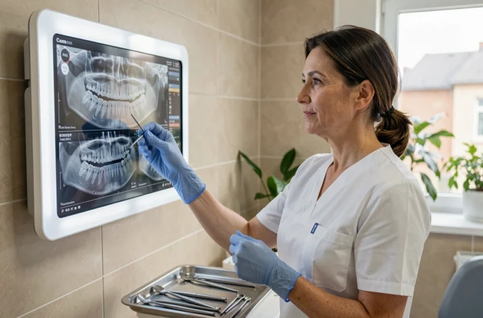 Dentiste expérimentée examinant des radiographies dentaires dans une clinique dentaire moderne à l'étranger