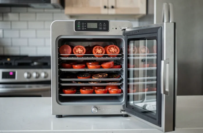 Déshydrateur électrique ouvert en cours de fonctionnement montrant plusieurs grilles chargées de tomates en train de sécher à différents stades de déshydratation
