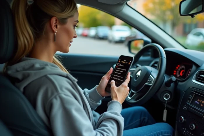 Femme consultant une application de diagnostic sur smartphone avec un dongle Bluetooth OBD2 dans une Renault Megane