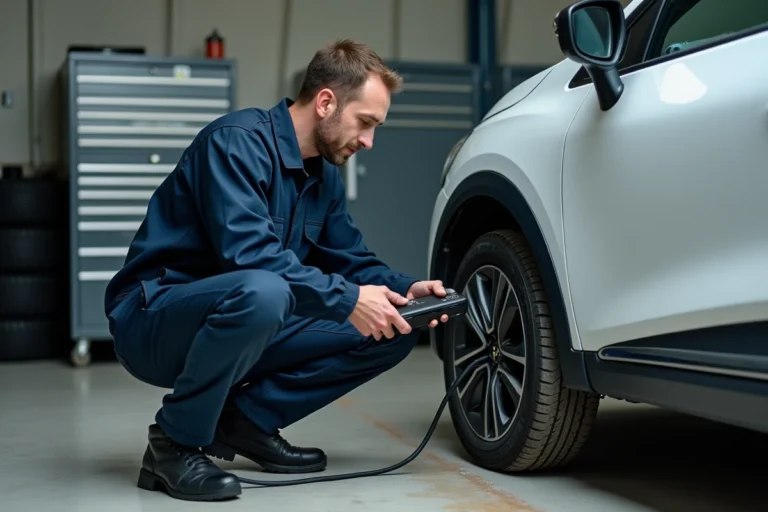 Technicien automobile connectant un scanner OBD2 sous le tableau de bord d'une Renault pour lire le code défaut 1525F3
