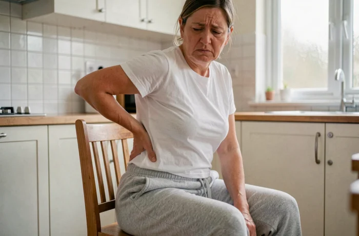 Femme d'âge moyen assise avec douleur au coccyx après une chute, main posée sur le bas du dos dans une cuisine